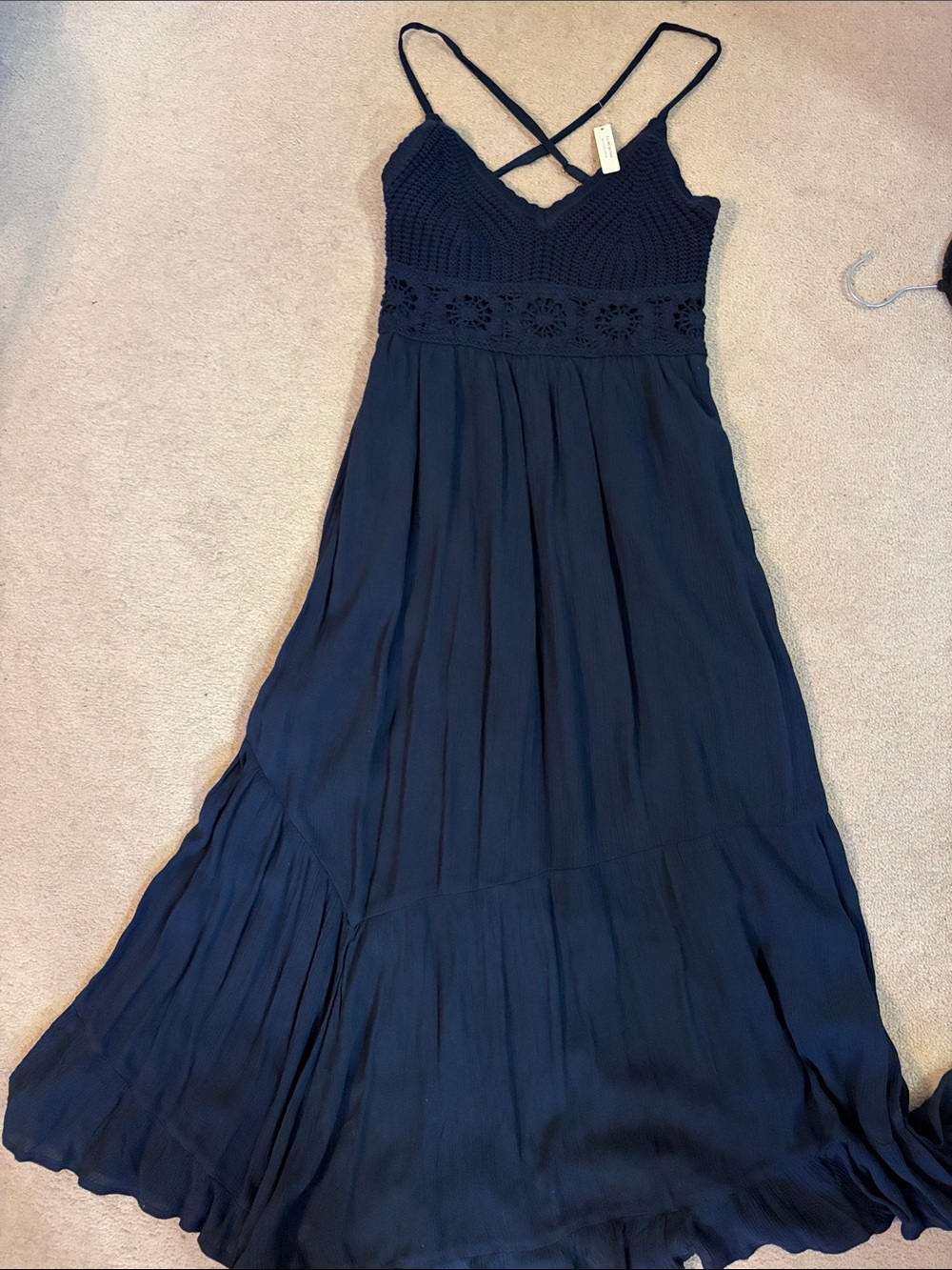 Hollister Navy Crochet-Bodice Maxi Dress with pockets and uneven hem line